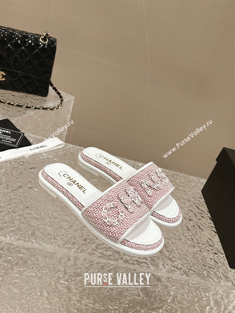 Chanel Tweed Flat Slide Sandals with Chain Logo Pink 2024 0322 (MD-240322085)