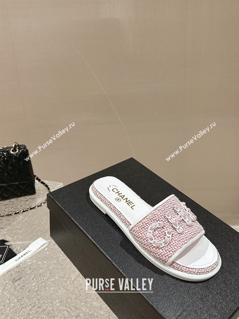 Chanel Tweed Flat Slide Sandals with Chain Logo Pink 2024 0322 (MD-240322085)