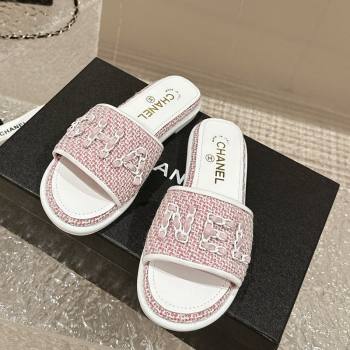 Chanel Tweed Flat Slide Sandals with Chain Logo Pink 2024 0322 (MD-240322085)