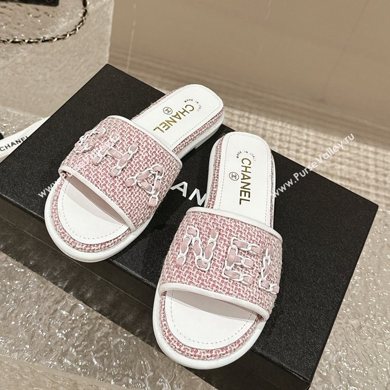 Chanel Tweed Flat Slide Sandals with Chain Logo Pink 2024 0322 (MD-240322085)