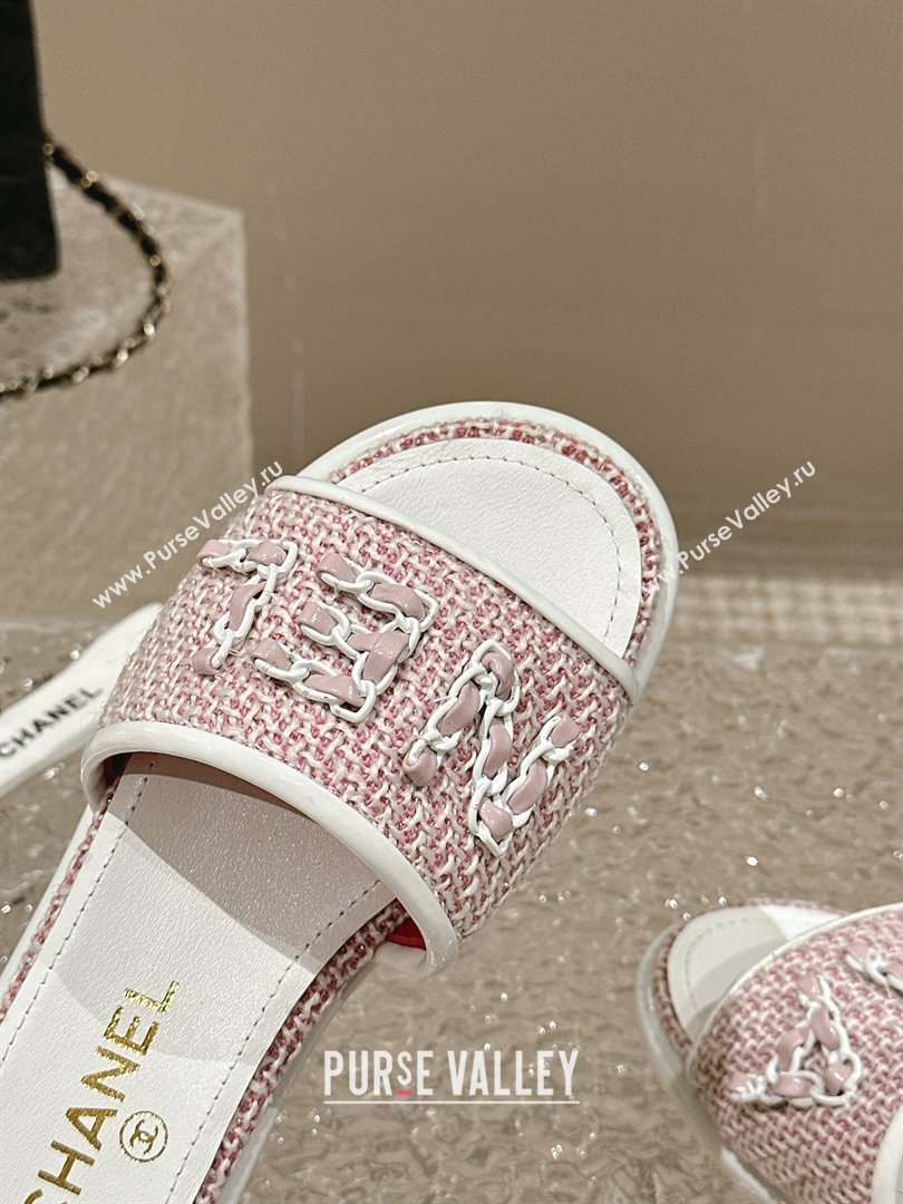 Chanel Tweed Flat Slide Sandals with Chain Logo Pink 2024 0322 (MD-240322085)