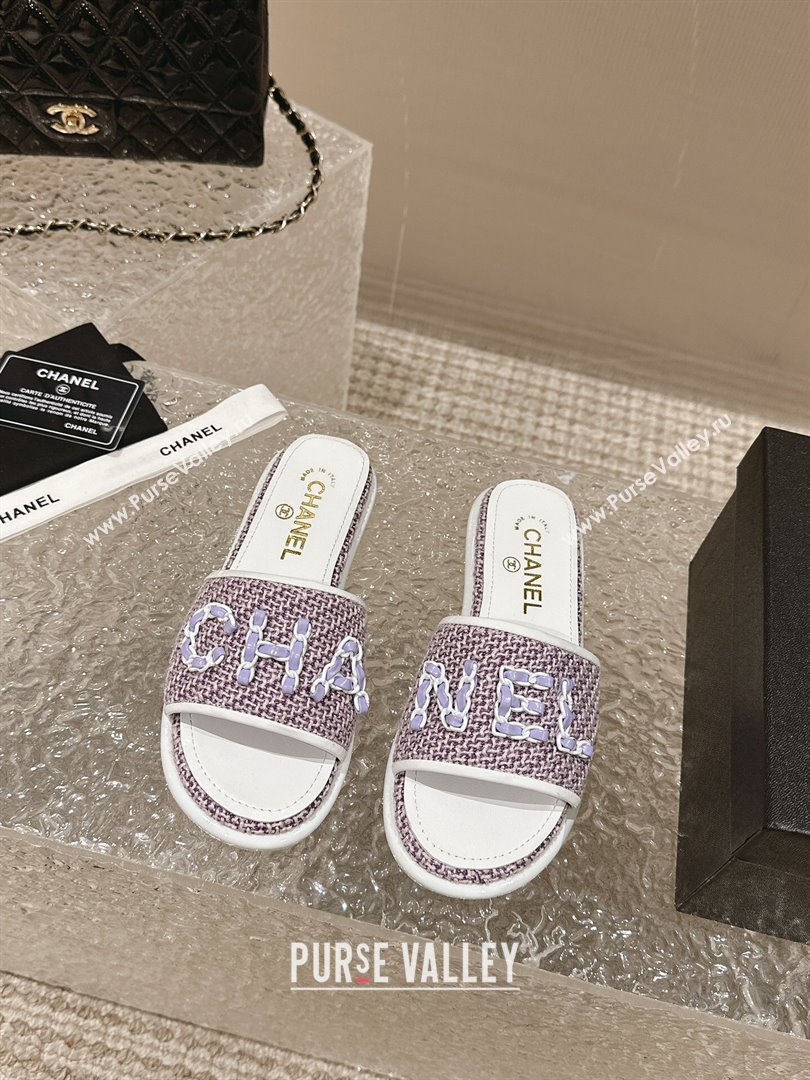 Chanel Tweed Flat Slide Sandals with Chain Logo Purple 2024 0322 (MD-240322086)