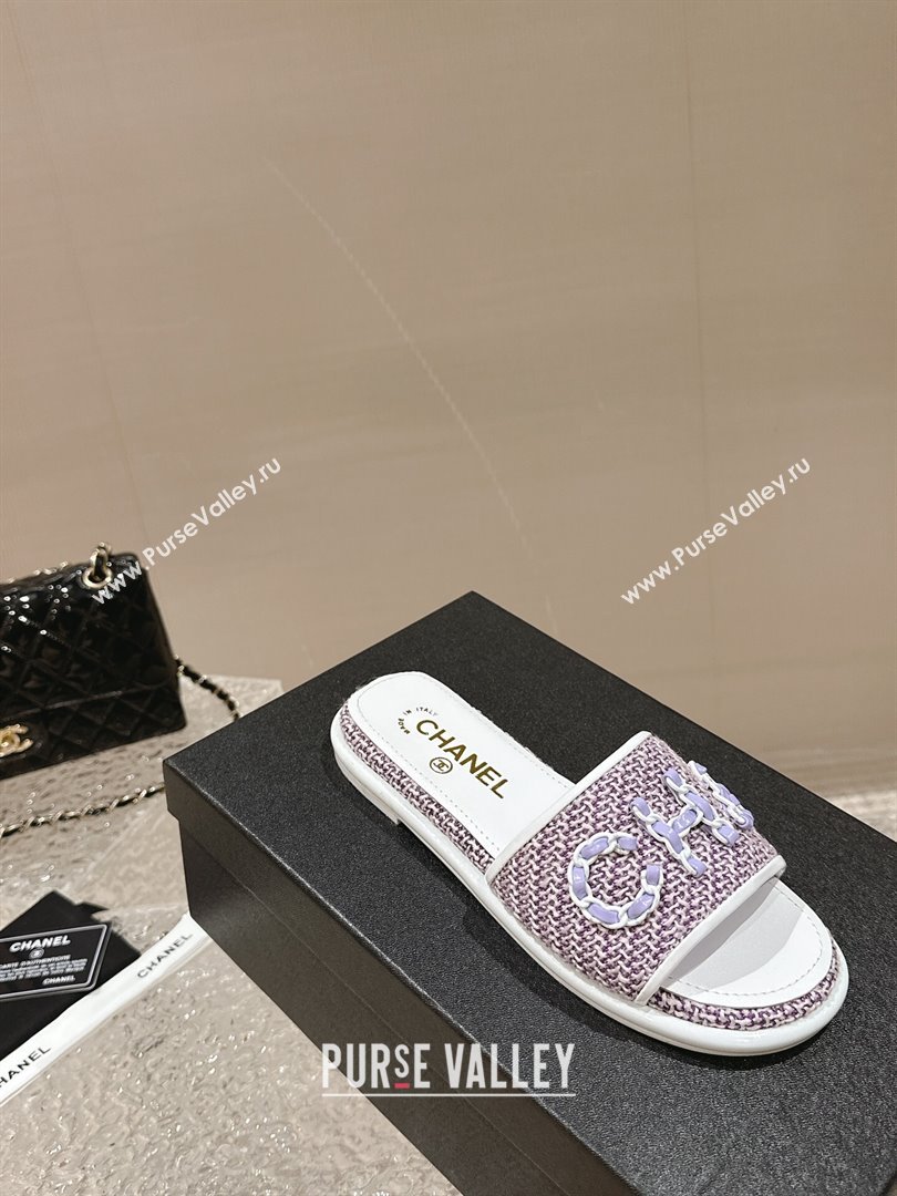 Chanel Tweed Flat Slide Sandals with Chain Logo Purple 2024 0322 (MD-240322086)