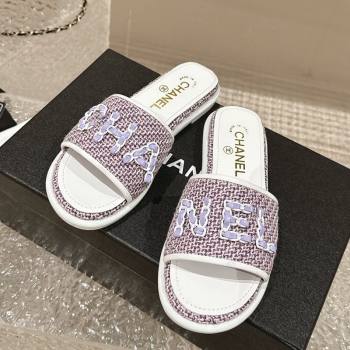 Chanel Tweed Flat Slide Sandals with Chain Logo Purple 2024 0322 (MD-240322086)