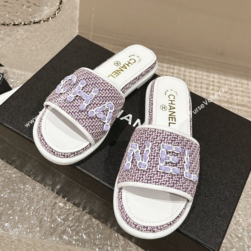 Chanel Tweed Flat Slide Sandals with Chain Logo Purple 2024 0322 (MD-240322086)