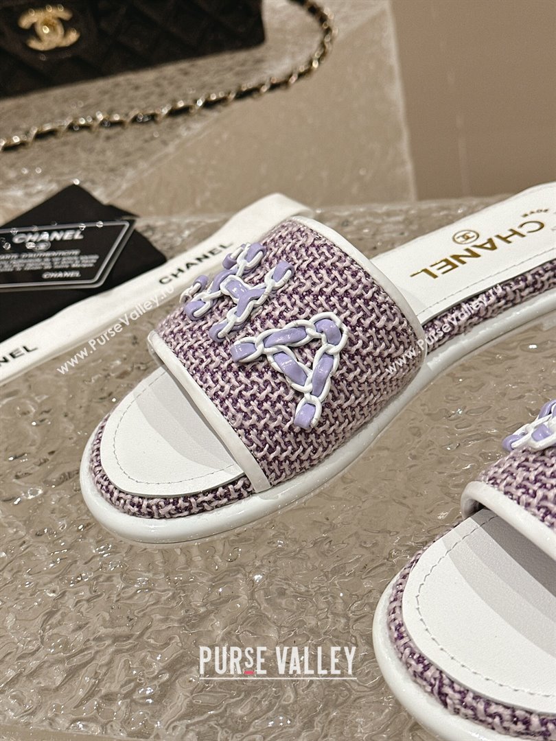 Chanel Tweed Flat Slide Sandals with Chain Logo Purple 2024 0322 (MD-240322086)