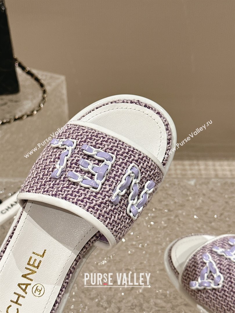 Chanel Tweed Flat Slide Sandals with Chain Logo Purple 2024 0322 (MD-240322086)