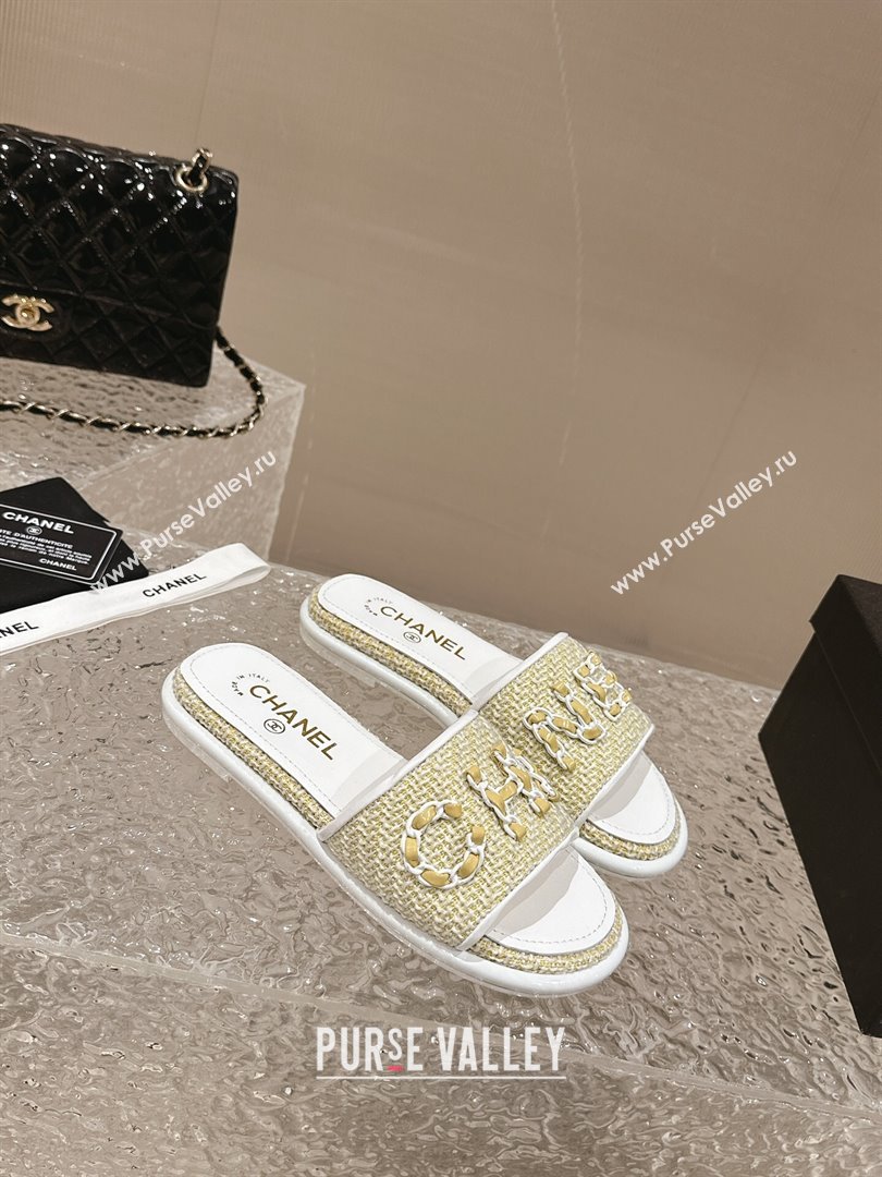 Chanel Tweed Flat Slide Sandals with Chain Logo Yellow 2024 0322 (MD-240322087)