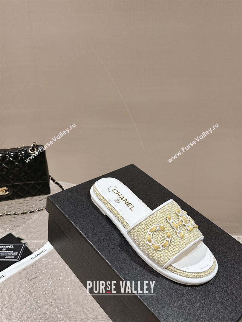 Chanel Tweed Flat Slide Sandals with Chain Logo Yellow 2024 0322 (MD-240322087)