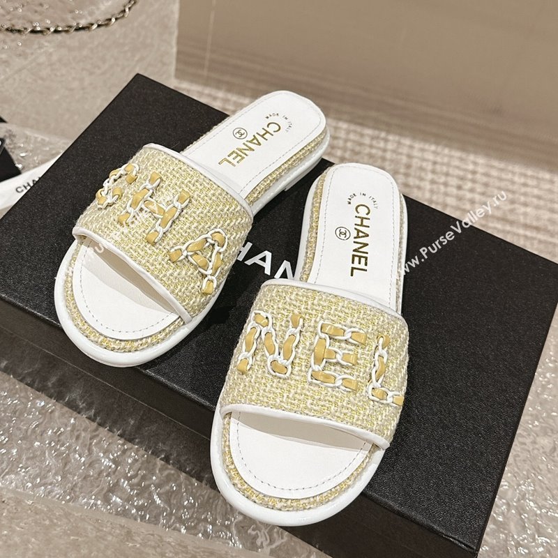 Chanel Tweed Flat Slide Sandals with Chain Logo Yellow 2024 0322 (MD-240322087)