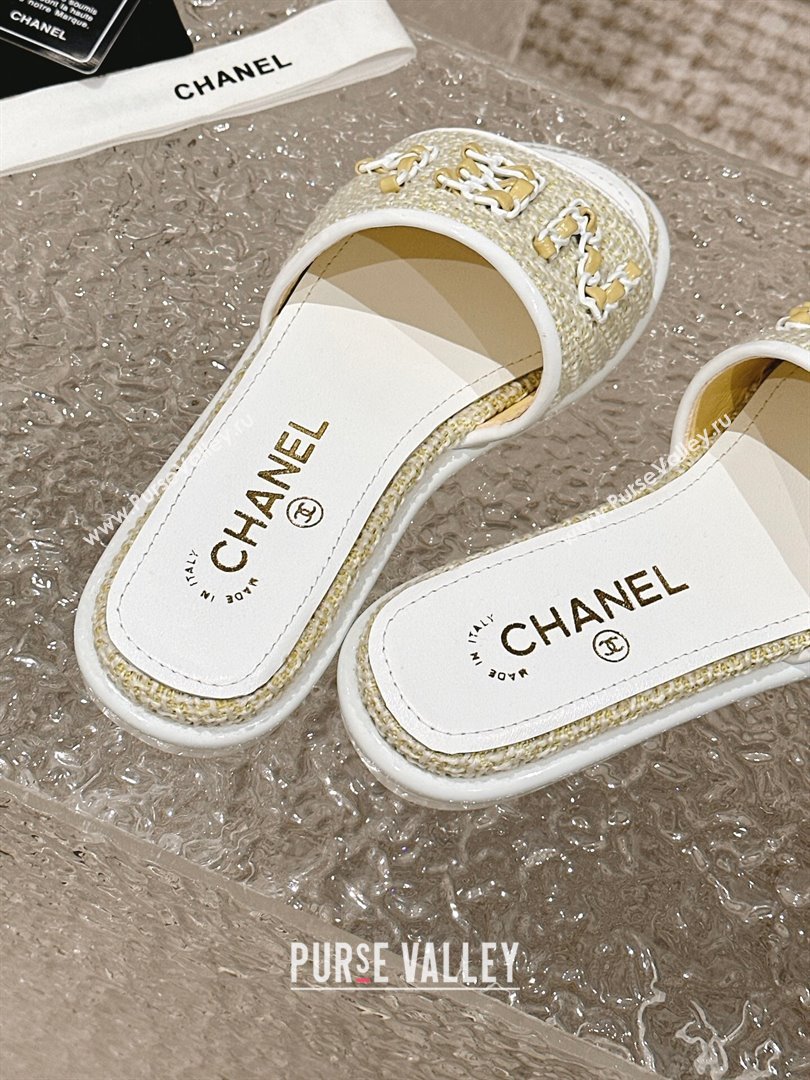 Chanel Tweed Flat Slide Sandals with Chain Logo Yellow 2024 0322 (MD-240322087)