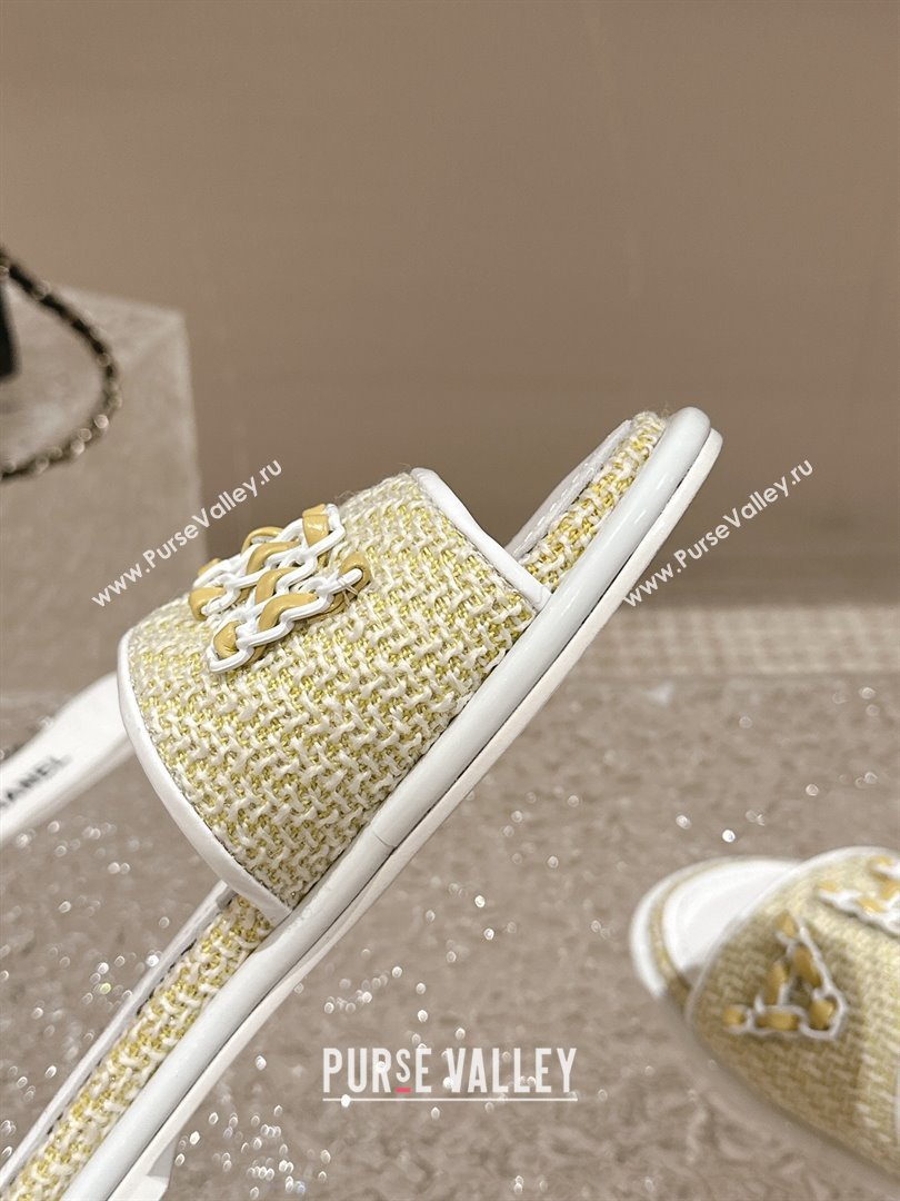 Chanel Tweed Flat Slide Sandals with Chain Logo Yellow 2024 0322 (MD-240322087)