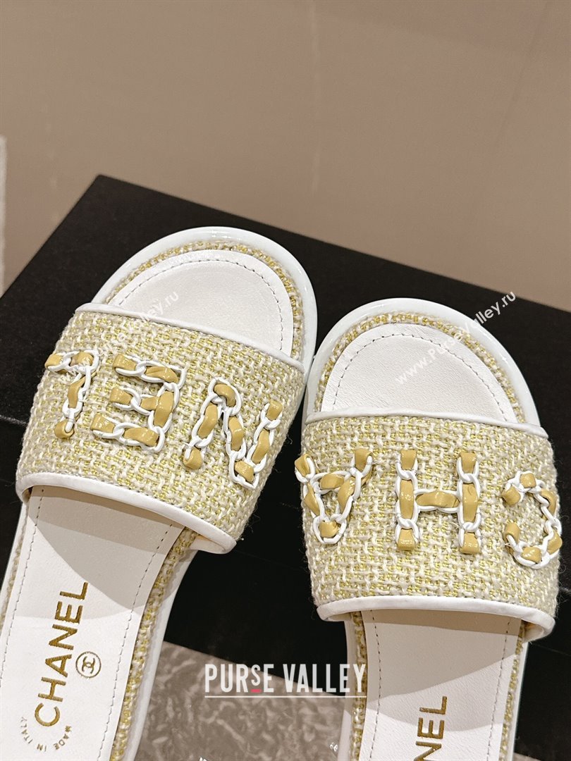 Chanel Tweed Flat Slide Sandals with Chain Logo Yellow 2024 0322 (MD-240322087)