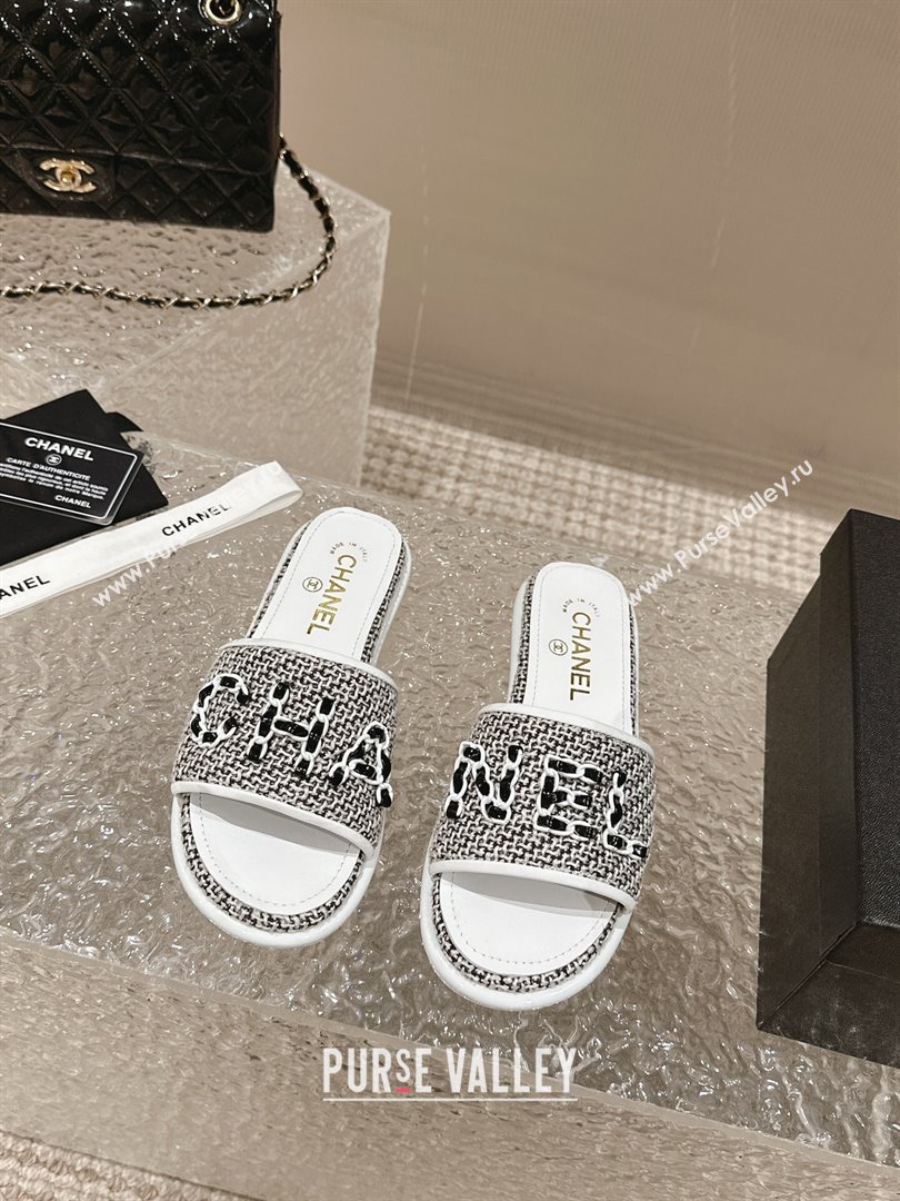 Chanel Tweed Flat Slide Sandals with Chain Logo Black/White 2024 0322 (MD-240322088)