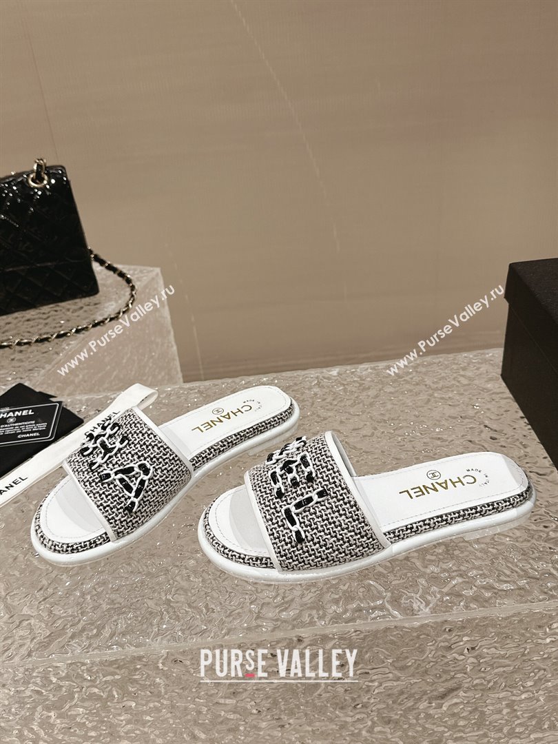 Chanel Tweed Flat Slide Sandals with Chain Logo Black/White 2024 0322 (MD-240322088)