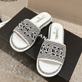 Chanel Tweed Flat Slide Sandals with Chain Logo Black/White 2024 0322 (MD-240322088)