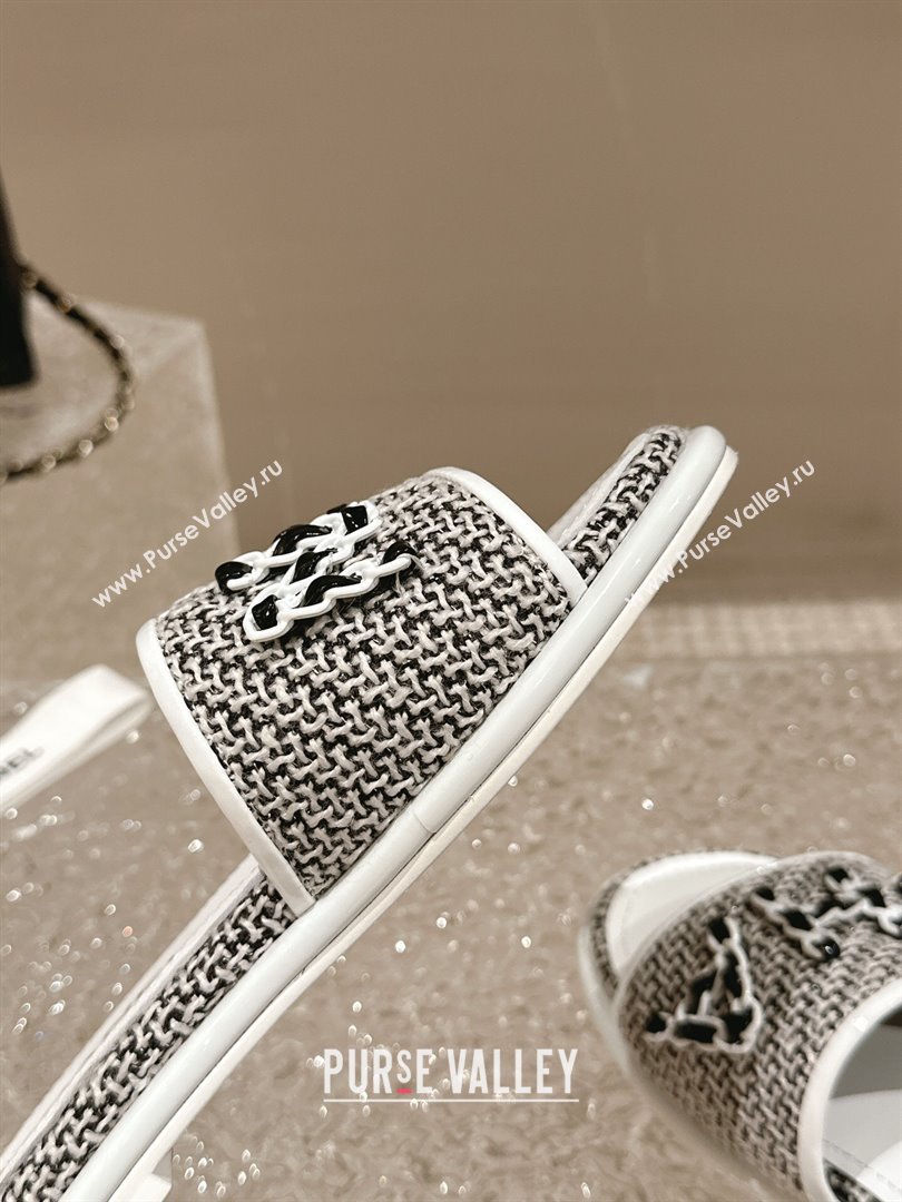 Chanel Tweed Flat Slide Sandals with Chain Logo Black/White 2024 0322 (MD-240322088)