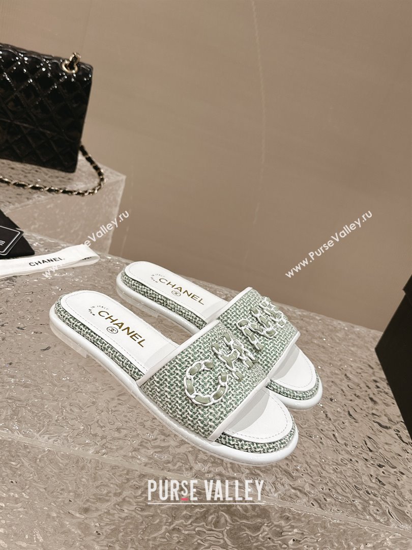 Chanel Tweed Flat Slide Sandals with Chain Logo Green 2024 0322 (MD-240322089)