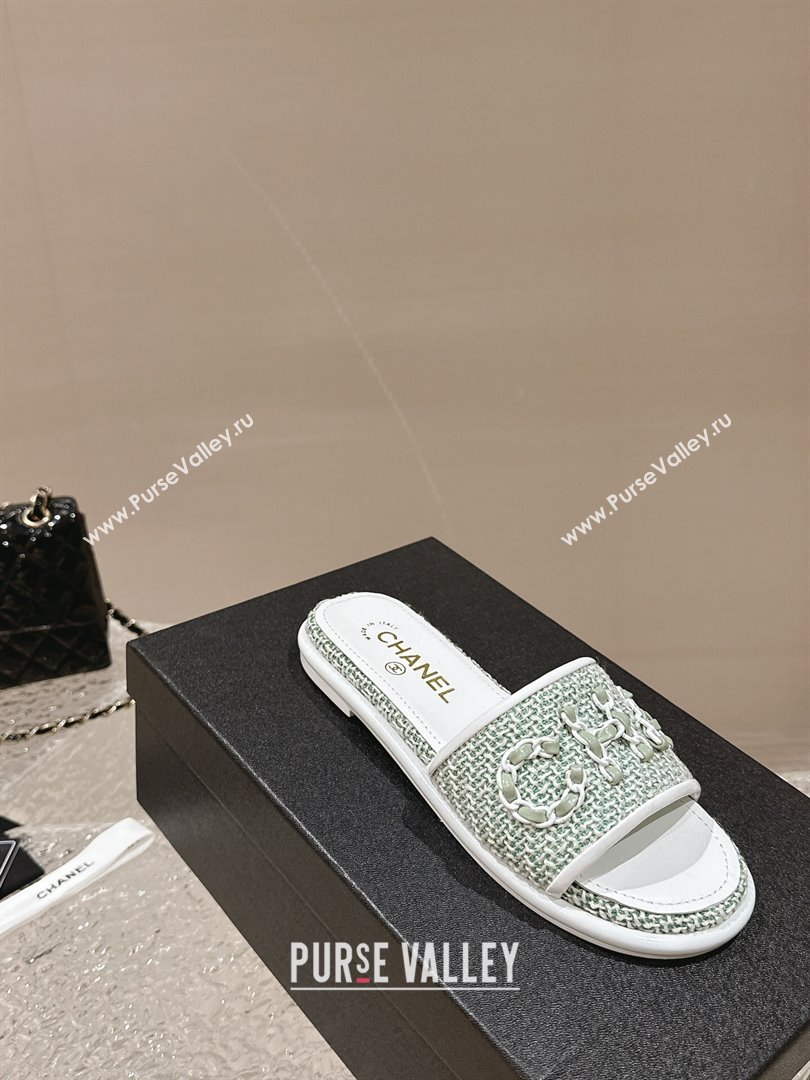 Chanel Tweed Flat Slide Sandals with Chain Logo Green 2024 0322 (MD-240322089)