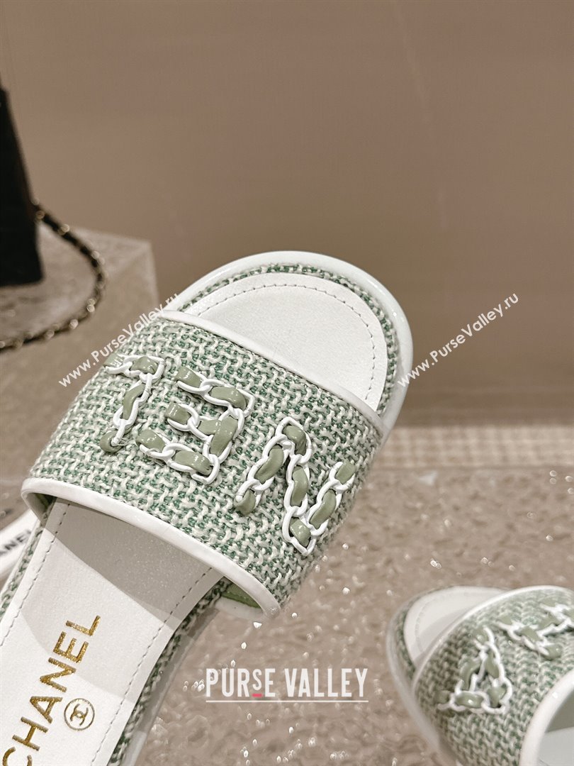 Chanel Tweed Flat Slide Sandals with Chain Logo Green 2024 0322 (MD-240322089)