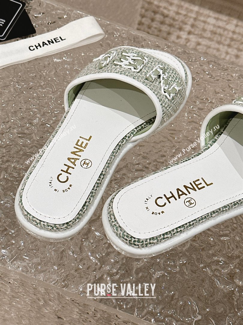 Chanel Tweed Flat Slide Sandals with Chain Logo Green 2024 0322 (MD-240322089)