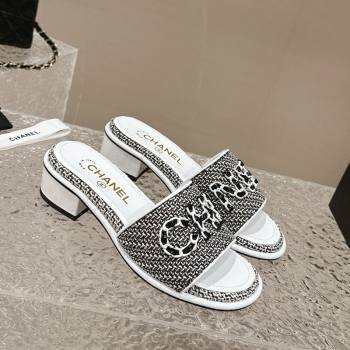 Chanel Tweed Heel Slide Sandals 3.5cm with Chain Logo Black/White 2024 0322 (MD-240322091)