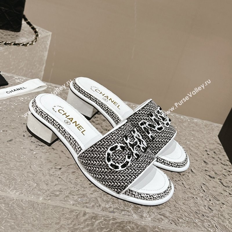 Chanel Tweed Heel Slide Sandals 3.5cm with Chain Logo Black/White 2024 0322 (MD-240322091)