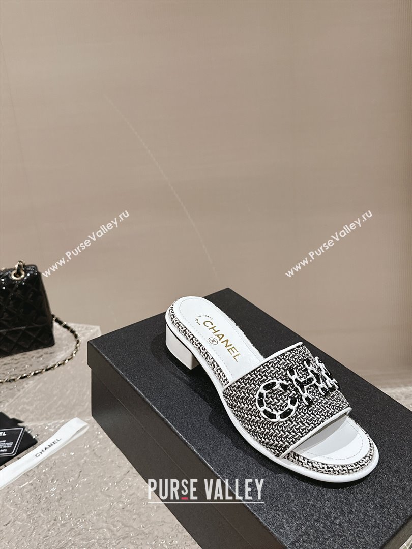 Chanel Tweed Heel Slide Sandals 3.5cm with Chain Logo Black/White 2024 0322 (MD-240322091)