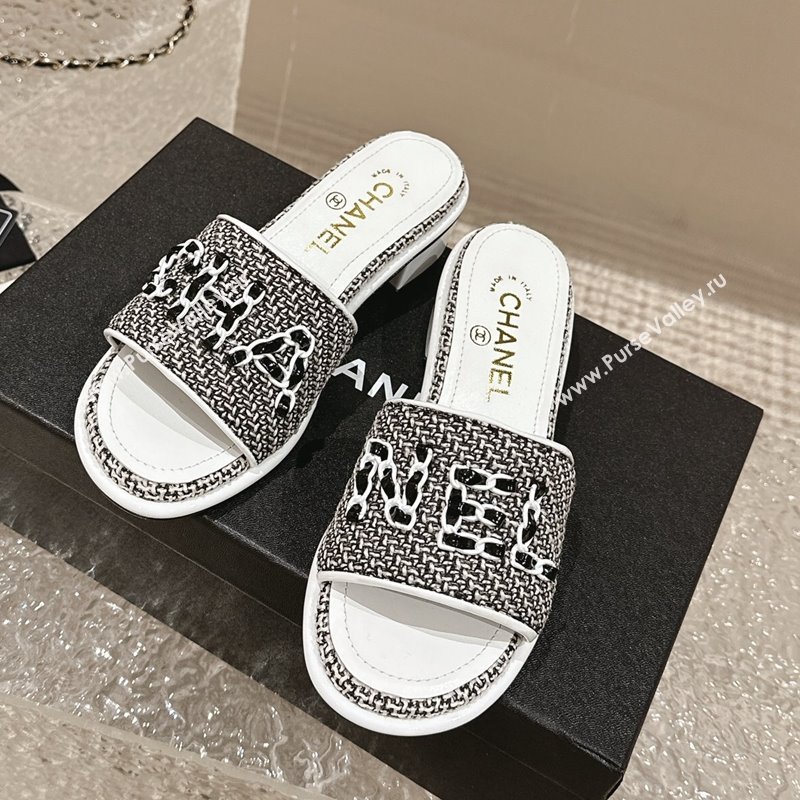 Chanel Tweed Heel Slide Sandals 3.5cm with Chain Logo Black/White 2024 0322 (MD-240322091)