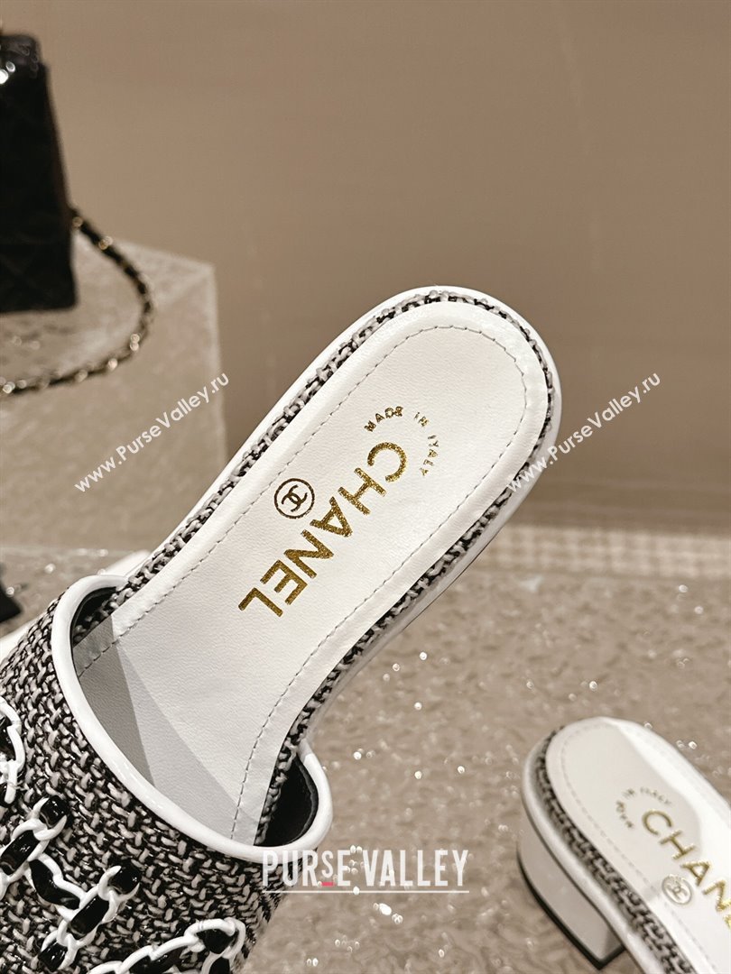 Chanel Tweed Heel Slide Sandals 3.5cm with Chain Logo Black/White 2024 0322 (MD-240322091)