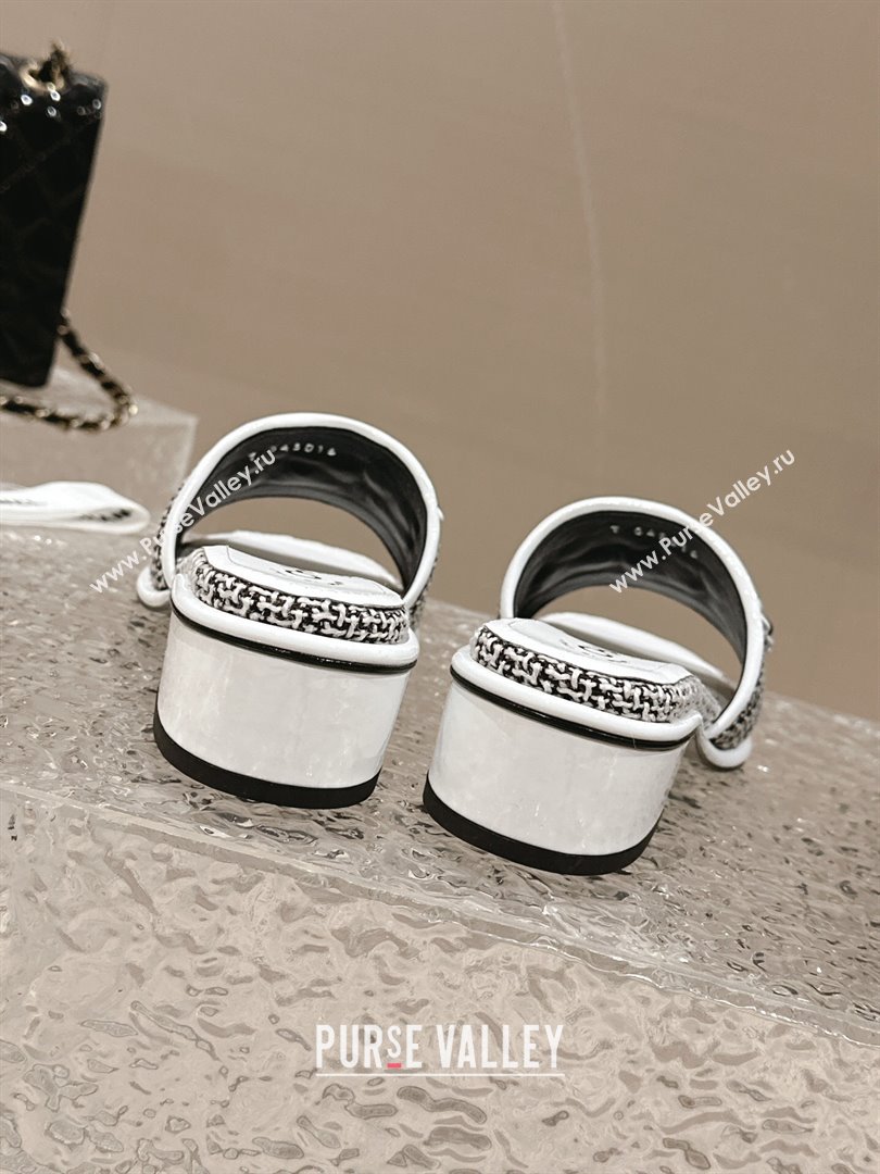 Chanel Tweed Heel Slide Sandals 3.5cm with Chain Logo Black/White 2024 0322 (MD-240322091)