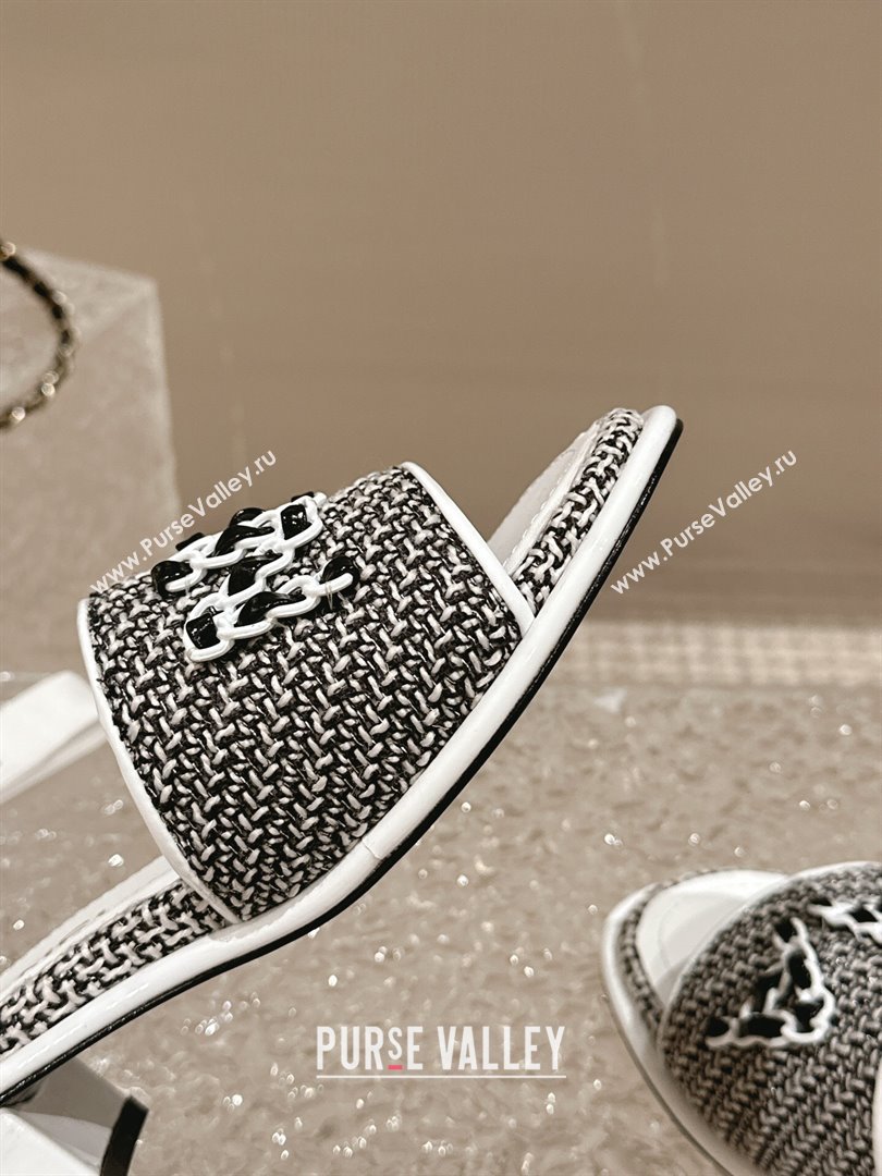 Chanel Tweed Heel Slide Sandals 3.5cm with Chain Logo Black/White 2024 0322 (MD-240322091)