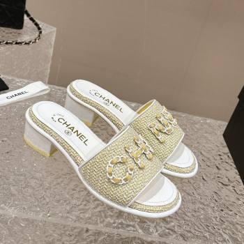 Chanel Tweed Heel Slide Sandals 3.5cm with Chain Logo Yellow 2024 0322 (MD-240322090)