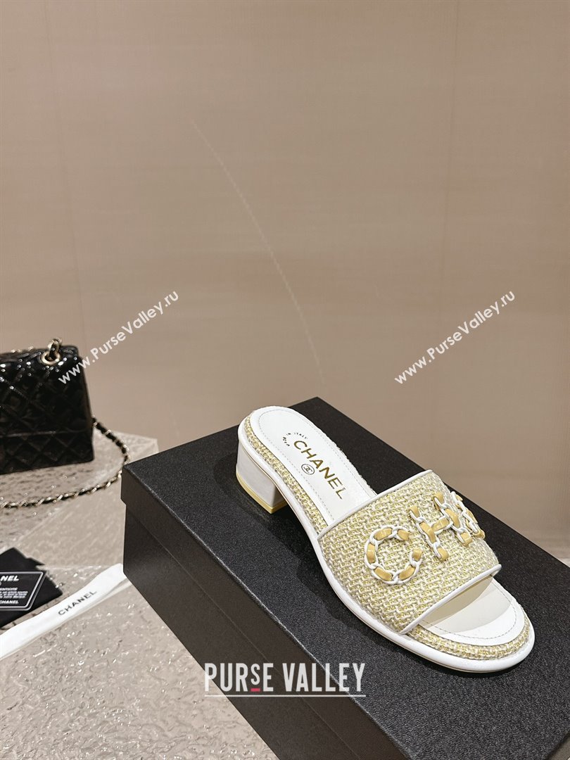 Chanel Tweed Heel Slide Sandals 3.5cm with Chain Logo Yellow 2024 0322 (MD-240322090)