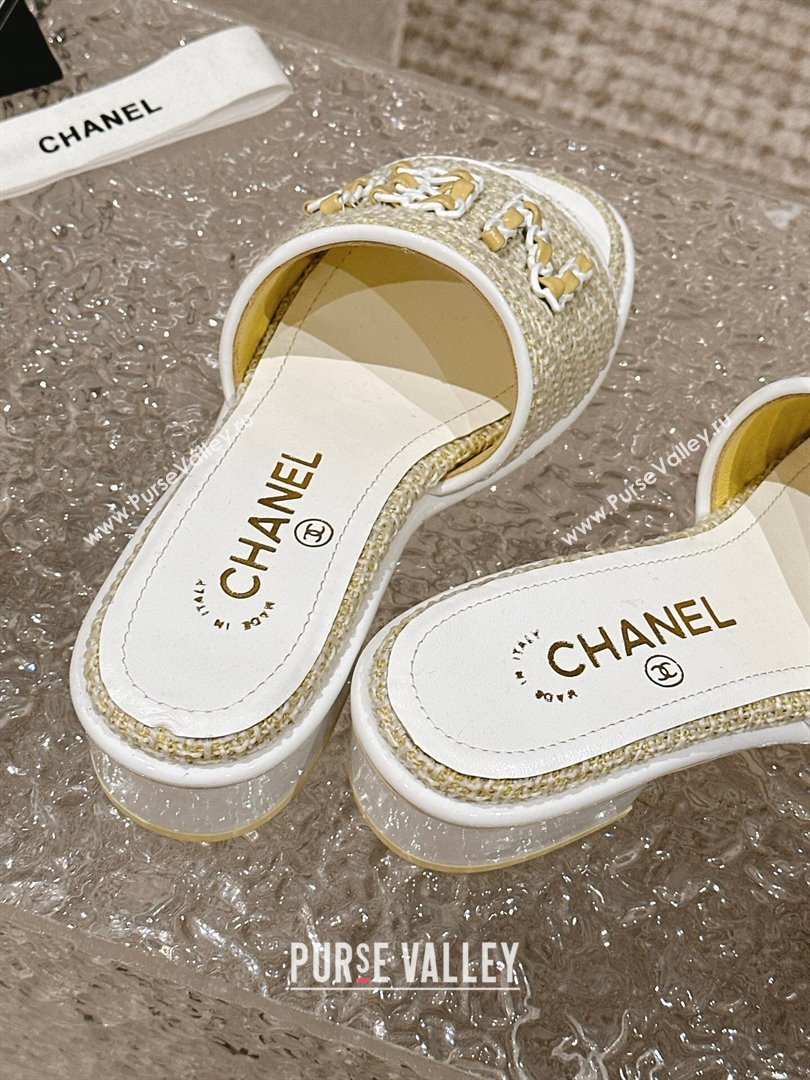 Chanel Tweed Heel Slide Sandals 3.5cm with Chain Logo Yellow 2024 0322 (MD-240322090)