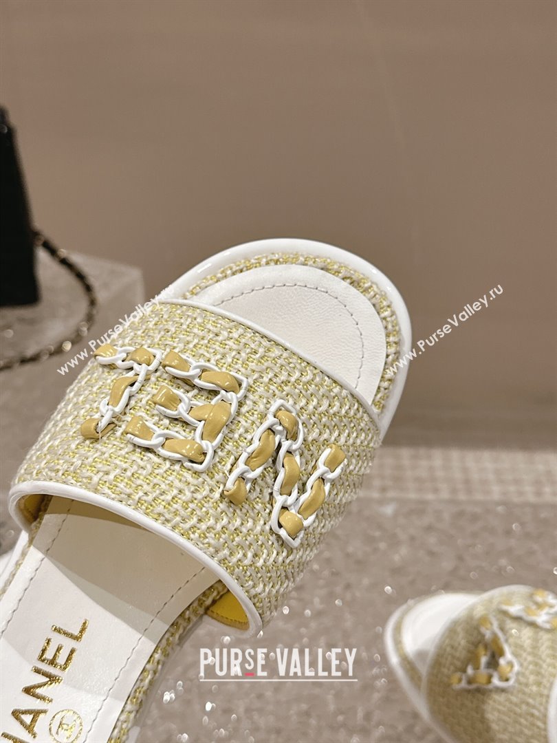 Chanel Tweed Heel Slide Sandals 3.5cm with Chain Logo Yellow 2024 0322 (MD-240322090)