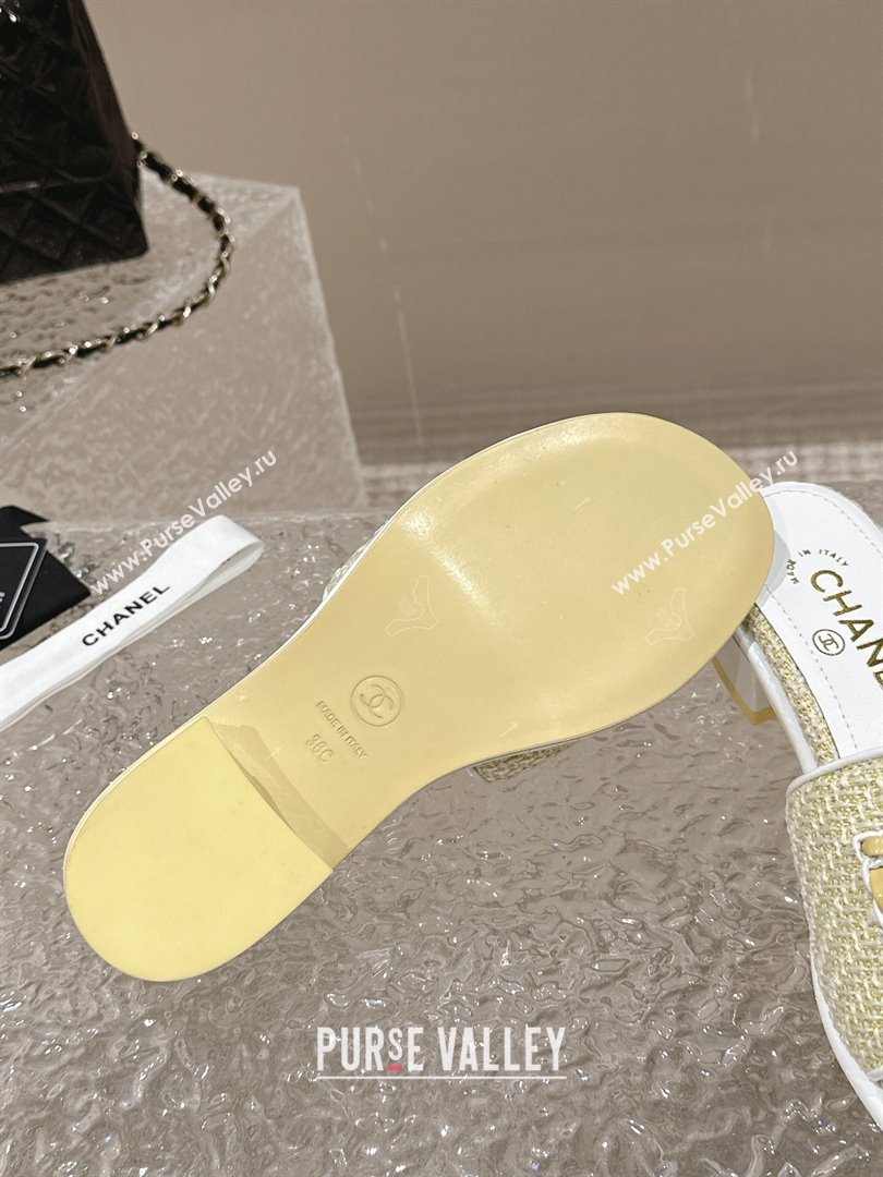 Chanel Tweed Heel Slide Sandals 3.5cm with Chain Logo Yellow 2024 0322 (MD-240322090)
