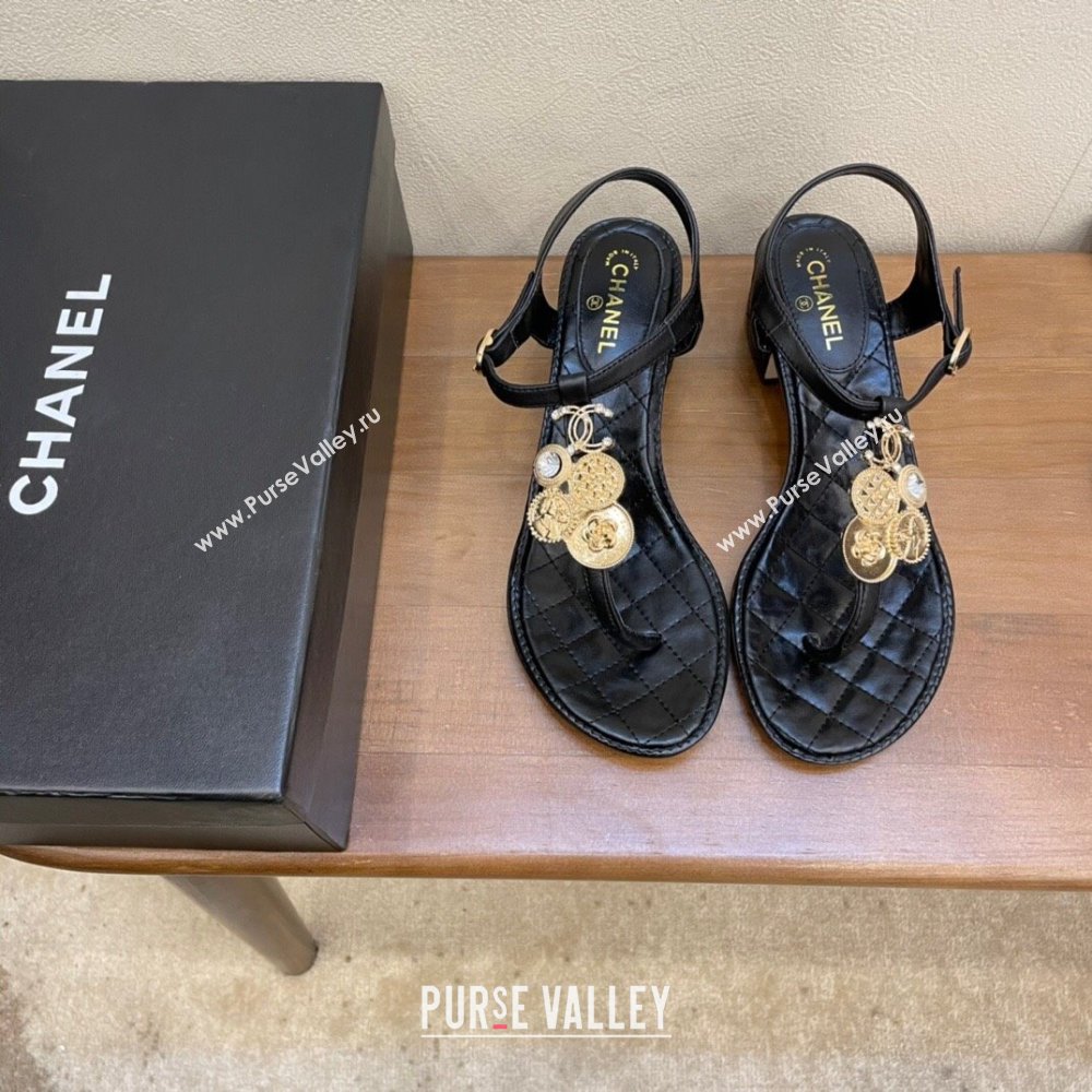 Chanel Lambskin Heel Thong Sandals 4cm with Coin Charm Black 2024 0322 (MD-240322104)