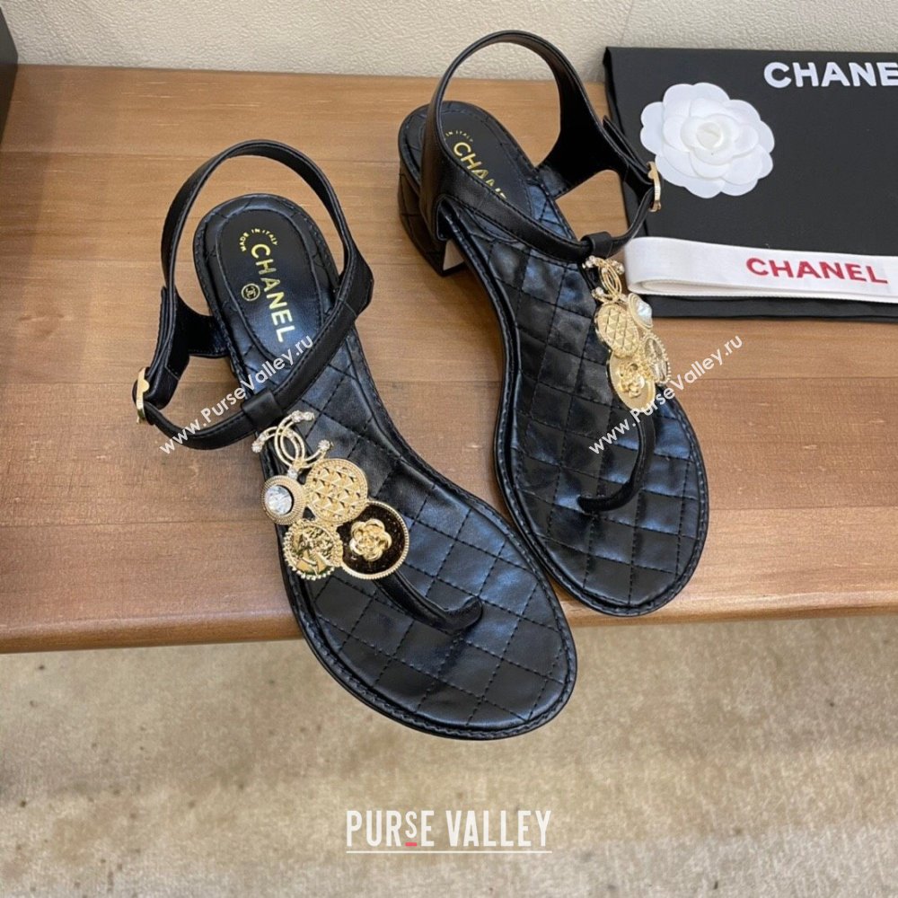 Chanel Lambskin Heel Thong Sandals 4cm with Coin Charm Black 2024 0322 (MD-240322104)