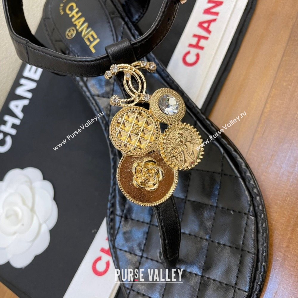 Chanel Lambskin Heel Thong Sandals 4cm with Coin Charm Black 2024 0322 (MD-240322104)