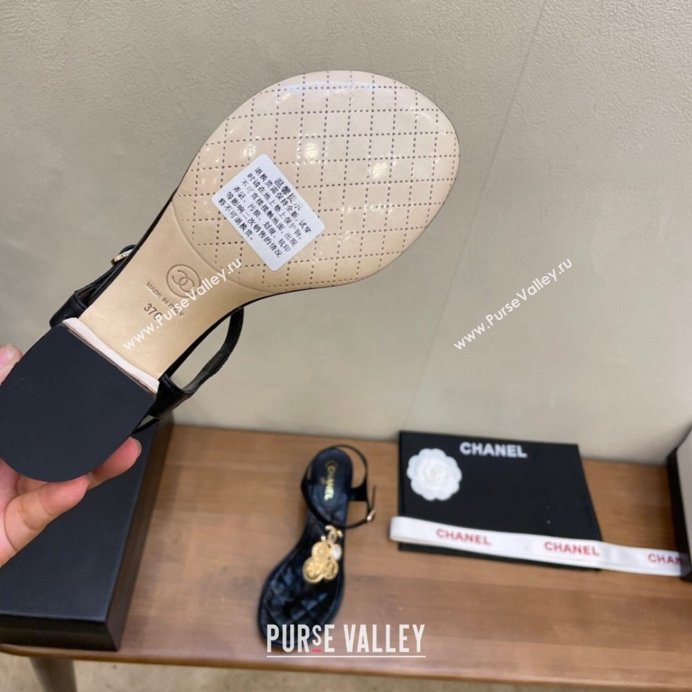 Chanel Lambskin Heel Thong Sandals 4cm with Coin Charm Black 2024 0322 (MD-240322104)