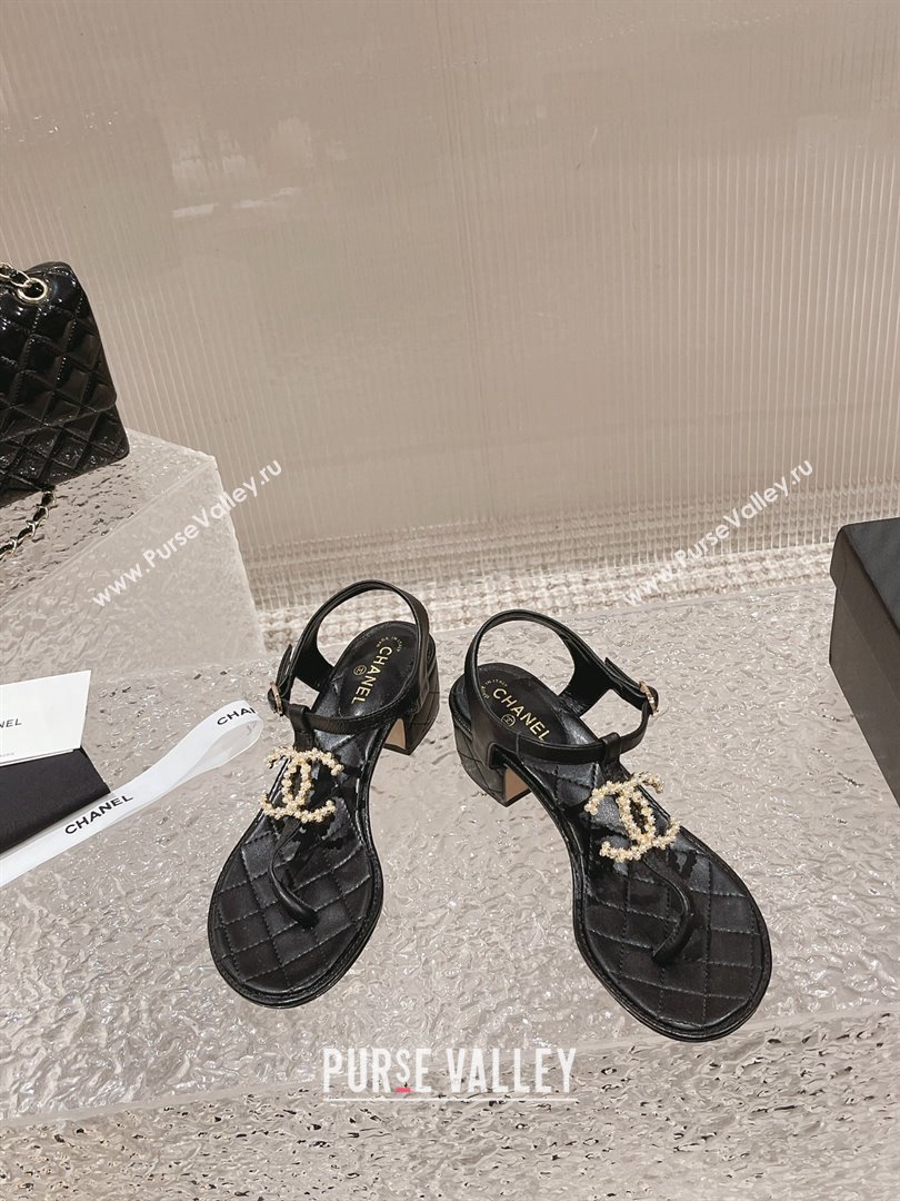 Chanel Lambskin Heel Thong Sandals 4cm with Pears CC Black 2024 0322 (MD-240322105)