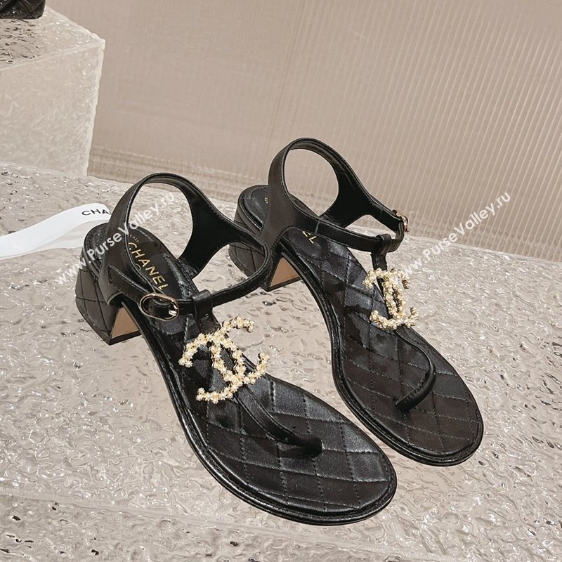 Chanel Lambskin Heel Thong Sandals 4cm with Pears CC Black 2024 0322 (MD-240322105)