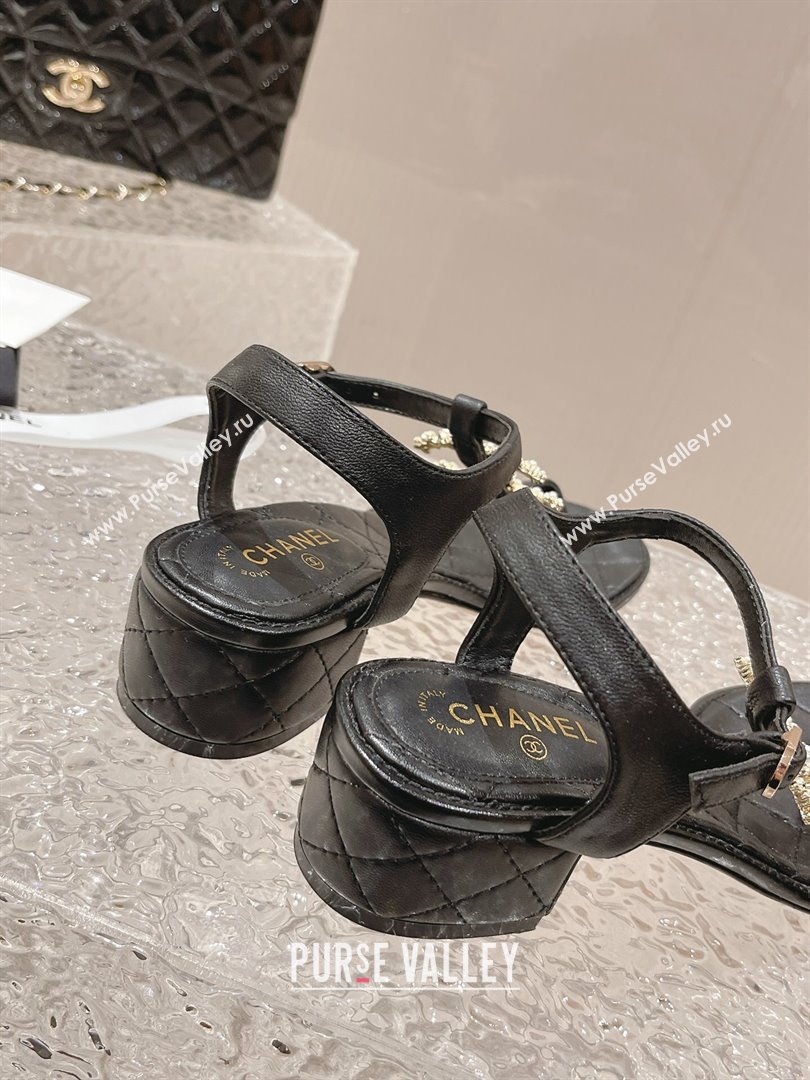 Chanel Lambskin Heel Thong Sandals 4cm with Pears CC Black 2024 0322 (MD-240322105)