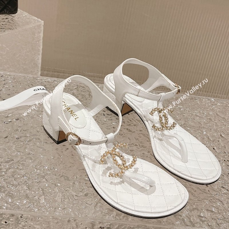 Chanel Lambskin Heel Thong Sandals 4cm with Pears CC White 2024 0322 (MD-240322107)