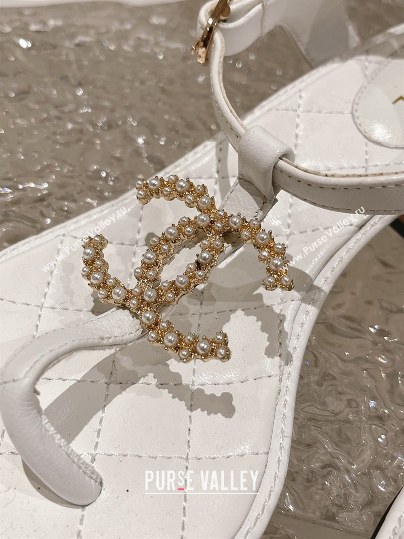 Chanel Lambskin Heel Thong Sandals 4cm with Pears CC White 2024 0322 (MD-240322107)