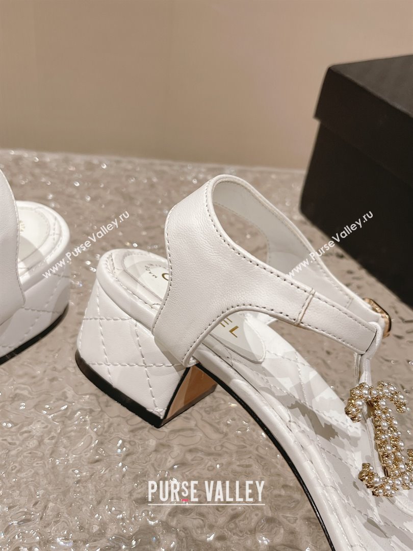 Chanel Lambskin Heel Thong Sandals 4cm with Pears CC White 2024 0322 (MD-240322107)