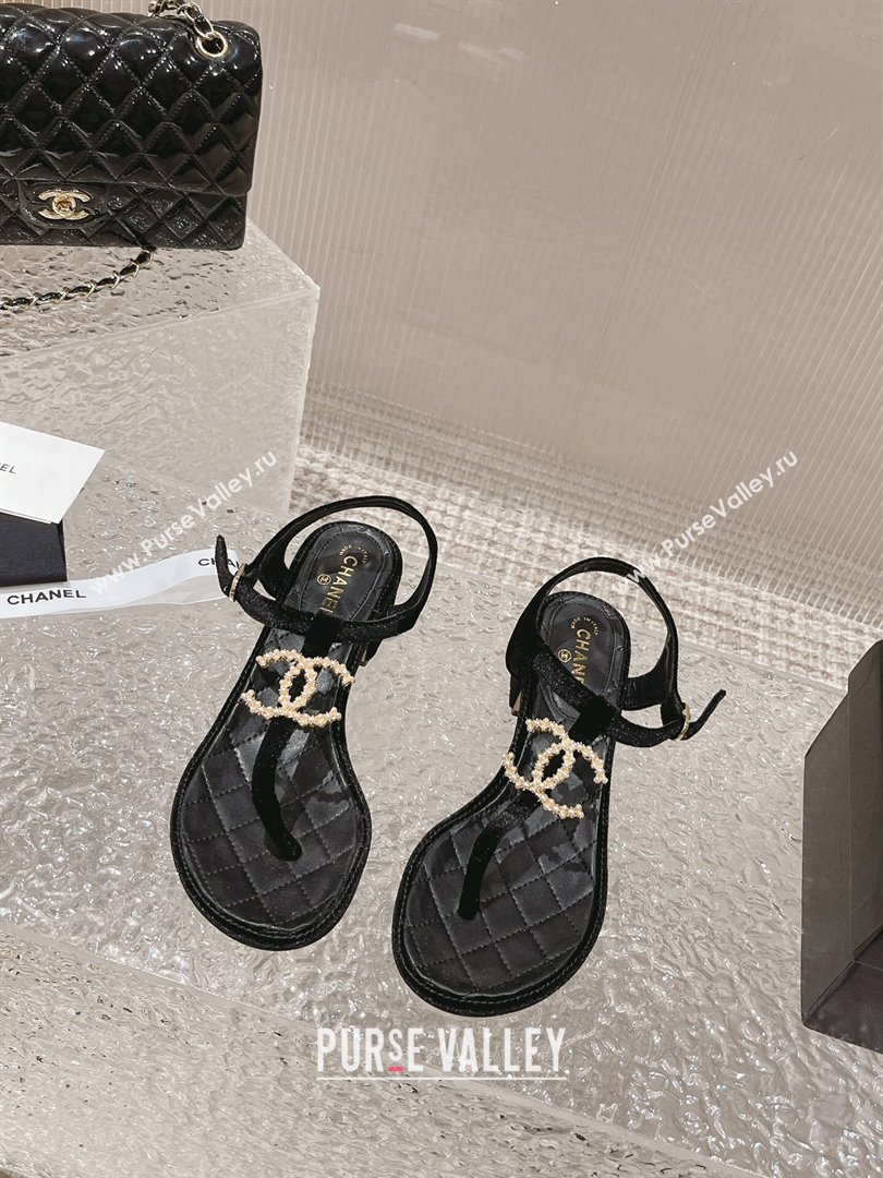 Chanel Velvet Heel Thong Sandals 4cm with Pears CC Black 2024 0322 (MD-240322110)