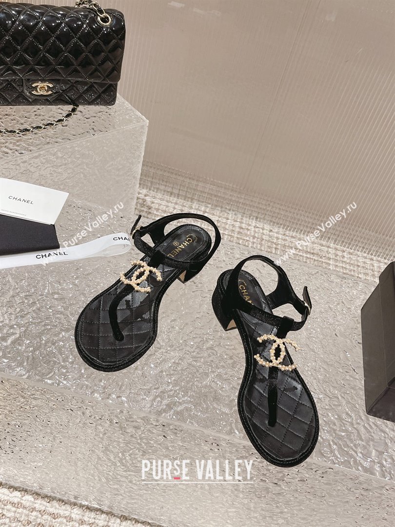 Chanel Velvet Heel Thong Sandals 4cm with Pears CC Black 2024 0322 (MD-240322110)