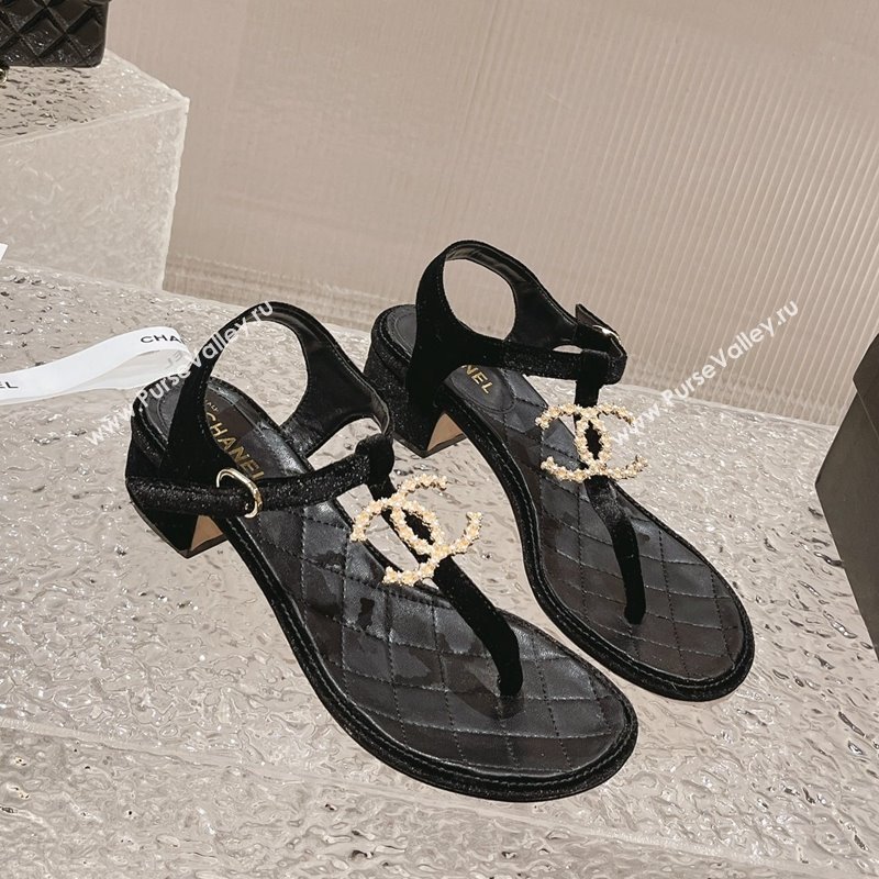 Chanel Velvet Heel Thong Sandals 4cm with Pears CC Black 2024 0322 (MD-240322110)